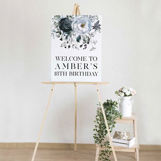 Black and gold sequin 18th Birthday custom name welcome sign on an easel
