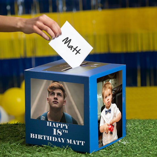 18th birthday card box printed with old photos of the birthday boy
