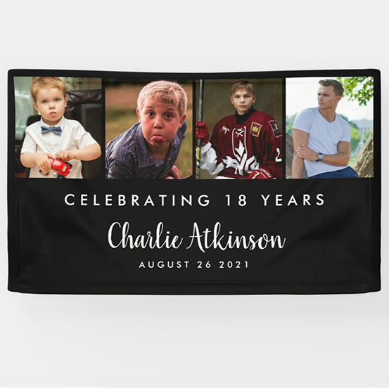 Celebrating 18 years custom photo banner showing birthday boy at 4 different stages of his life