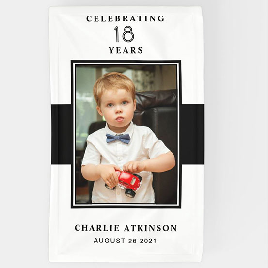 Celebrating 18 years custom photo banner showing birthday boy as a baby