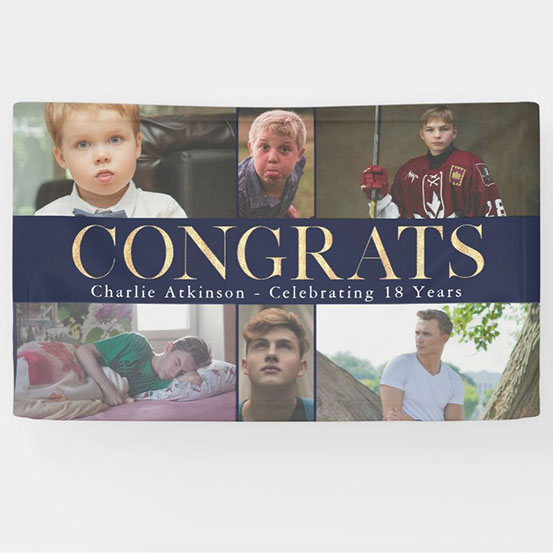 Congrats 18th birthday custom photo banner showing birthday boy at 6 different stages of his life