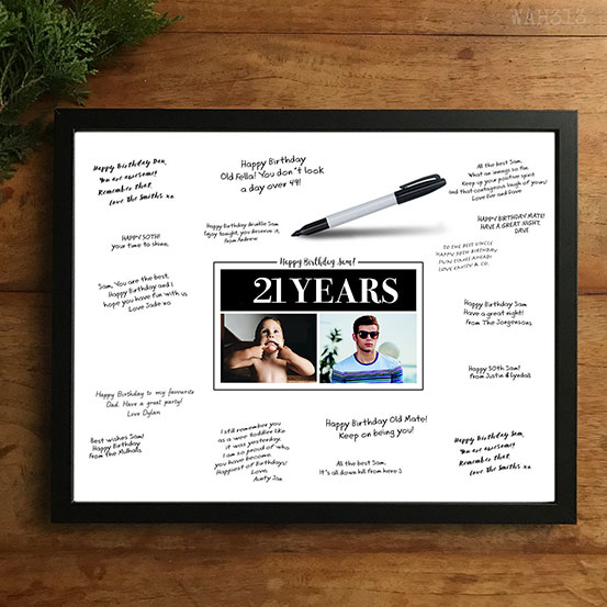 custom 21st birthday signing poster guestbook alternative with photos of birthday boy as adult and child surrounded by handwritten messages