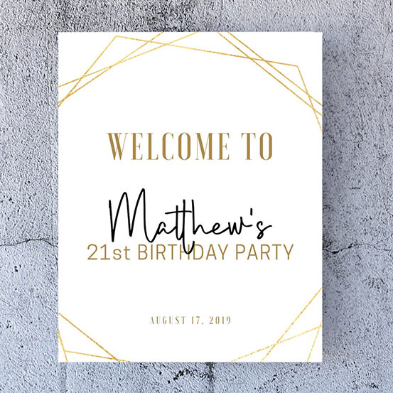 Black and gold sequin 21st Birthday custom name welcome sign on an easel