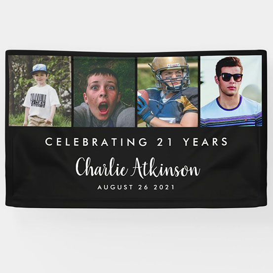 Celebrating 21 years custom photo banner showing birthday boy at 4 different stages of his life