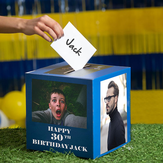 30th birthday card box printed with old photos of the birthday boy