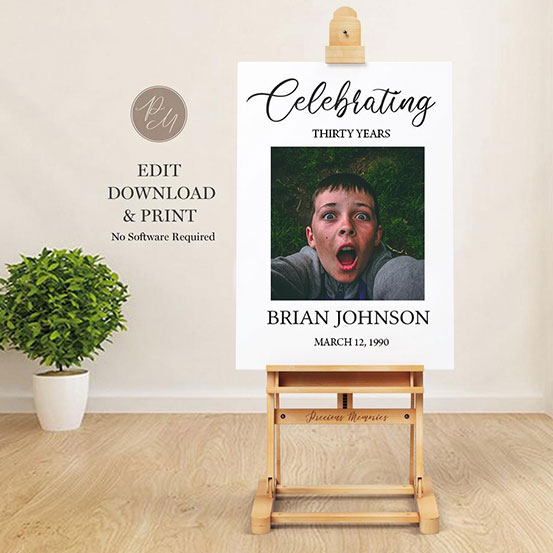 celebrating 30 years sign with photo of birthday boy as a baby displayed on an easel