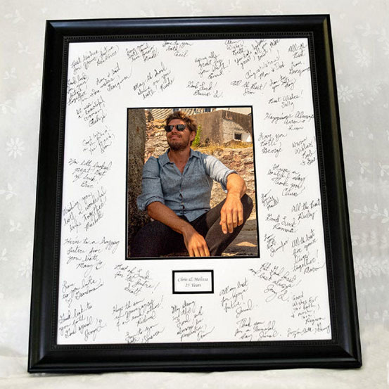 custom 40th birthday framed signing poster guestbook alternative with photo of birthday boy surrounded by handwritten messages