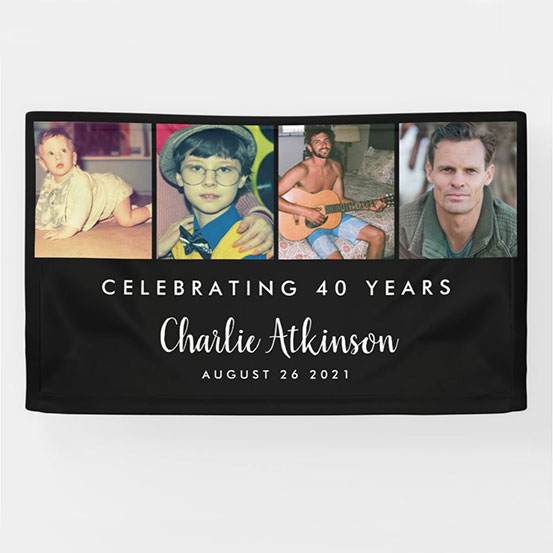 Celebrating 40 Years custom photo banner showing birthday boy at 4 different stages of his life