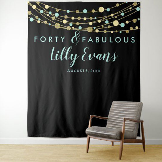 Forty & Fabulous black with gold string lights custom 40th birthday backdrop