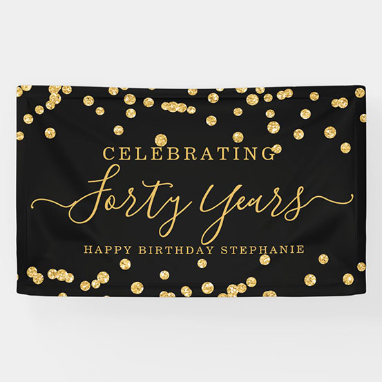 black and gold sequin Celebrating Forty Years custom birthday banner