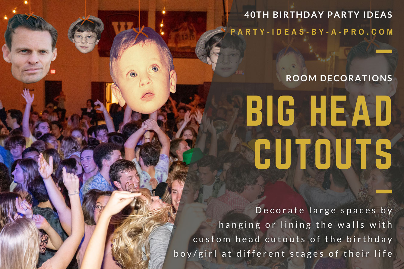 big head photo cutouts of the 40th birthday honoree as a man, boy, and baby hanging above dancefloor full of people