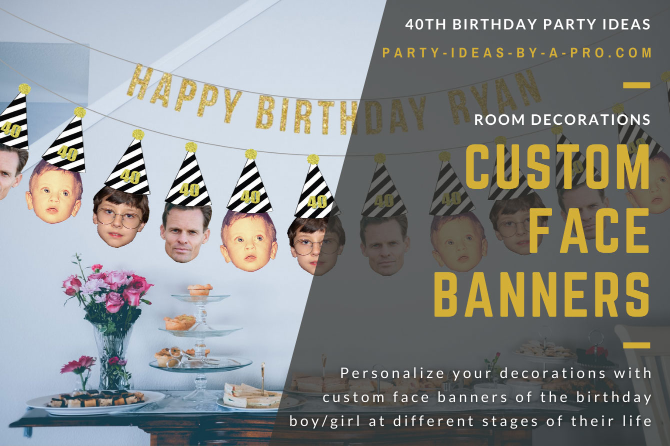 garland banner of faces of same person as a man, child, and baby wearing a 40th birthday party hat