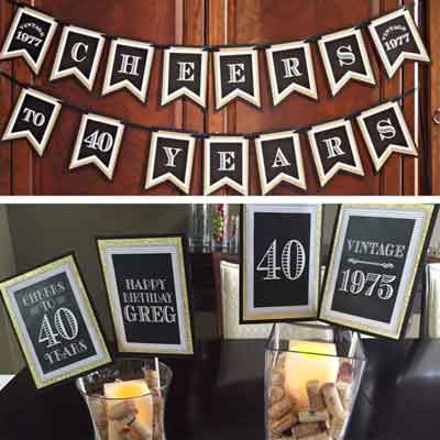 Black and Gold Vintage 40th birthday banner and centerpiece