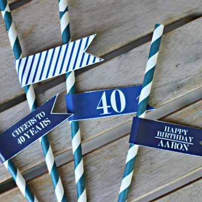 Blue and White Vintage 40th birthday drinks straws