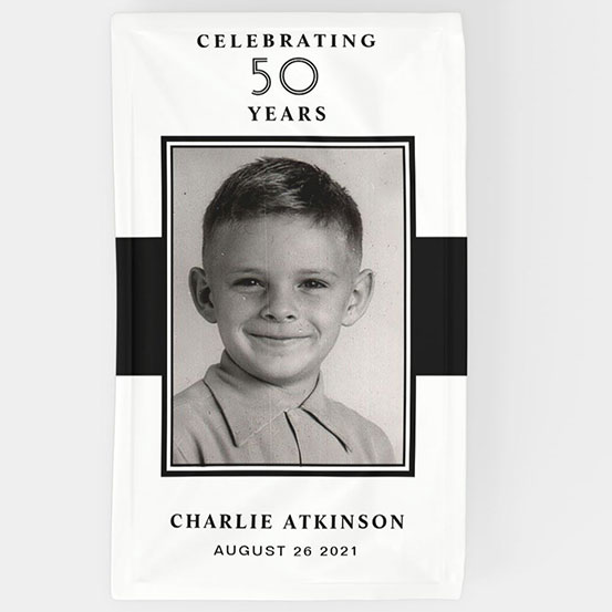Celebrating 50 years custom photo banner showing birthday boy as a baby