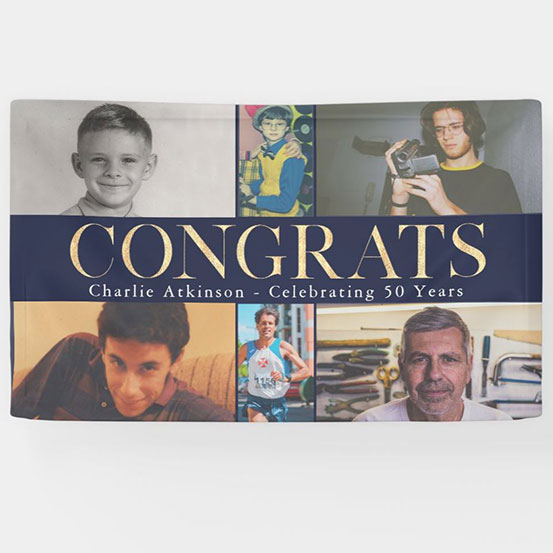 Congrats 50th birthday custom photo banner showing birthday boy at 6 different stages of his life
