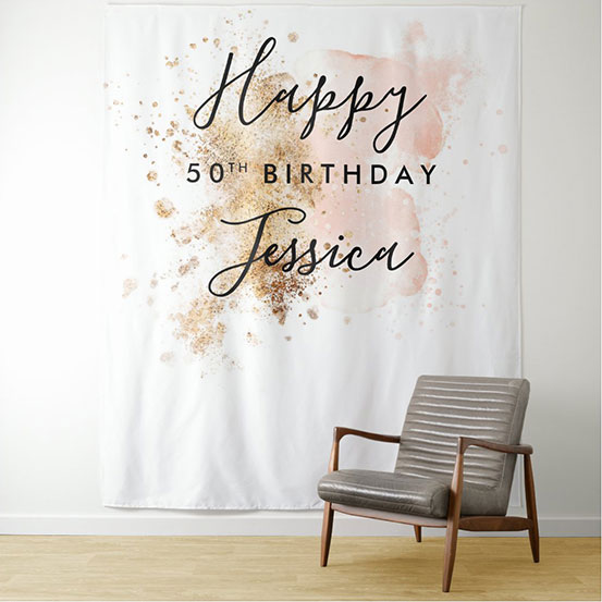 white, gold, and pink custom 50th birthday backdrop