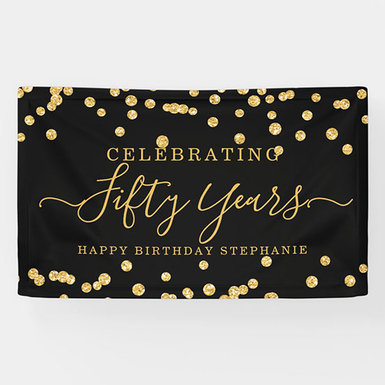 black and gold sequin Celebrating 50 years custom birthday banner