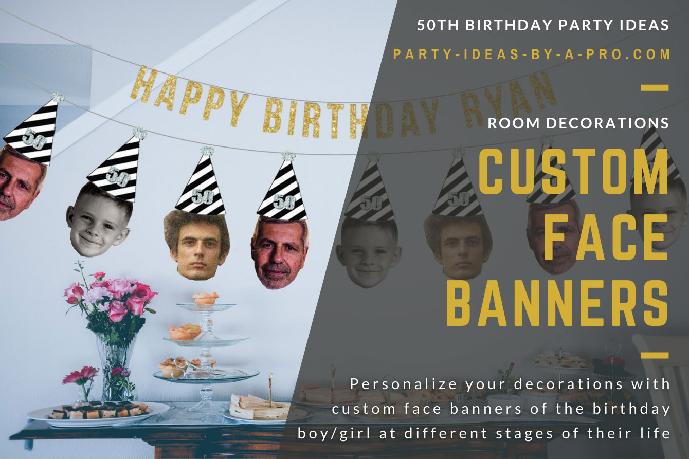 garland banner of faces of same person as a man, child, and baby wearing a 50th birthday party hat