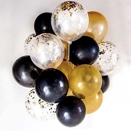 black, gold, and clear confetti balloons
