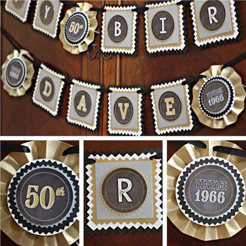 Black and Gold Vintage 50th birthday banner and centerpiece