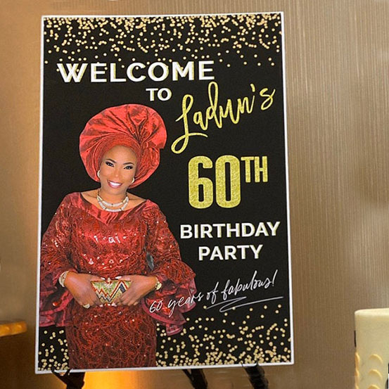 Custom photo 60th Birthday welcome sign on an easel