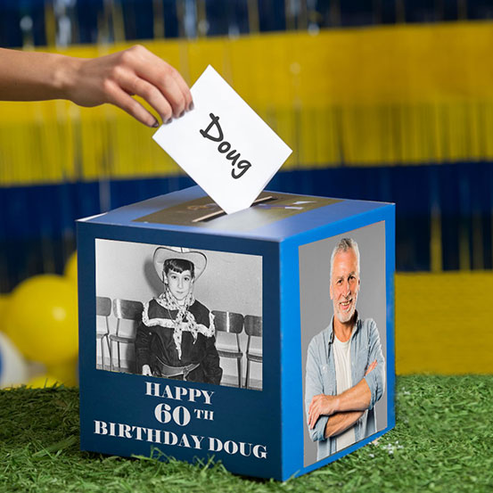 60th birthday card box printed with old photos of the birthday boy