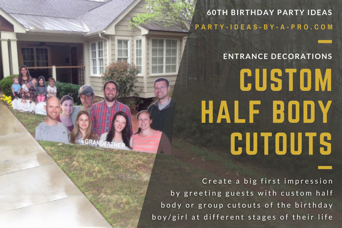 Half body cut outs of friends and family of the birthday boy arranged as lawn signs leading up to house