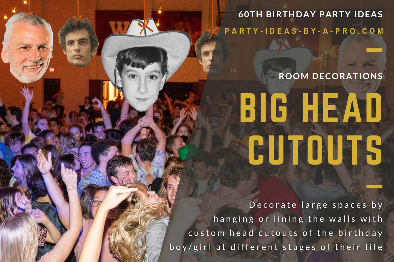 big head photo cutouts of the 60th birthday honoree as a man, boy, and baby hanging above dancefloor full of people
