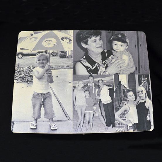front view of custom photo keepsake / memory box showing black and white family photos