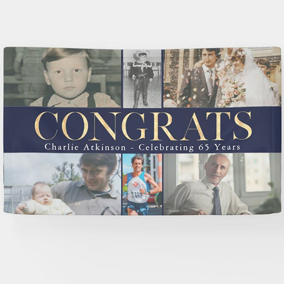 Congrats 65th birthday custom photo banner showing birthday boy at 6 different stages of his life