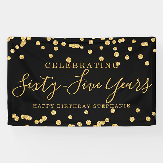 black and gold sequin Celebrating 65 years custom birthday banner