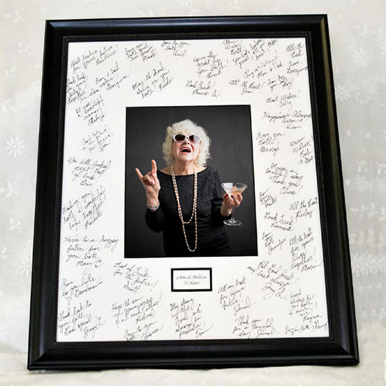 custom 70th birthday framed signing poster guestbook alternative with photo of birthday boy surrounded by handwritten messages