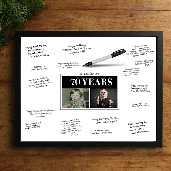 custom 70th birthday signing poster guestbook alternative with photos of birthday boy as adult and child surrounded by handwritten messages
