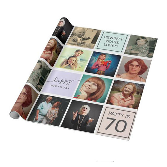 70th birthday custom photo collage gift wrap