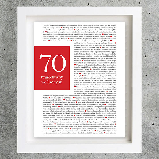 70 reasons We Love You framed red and white