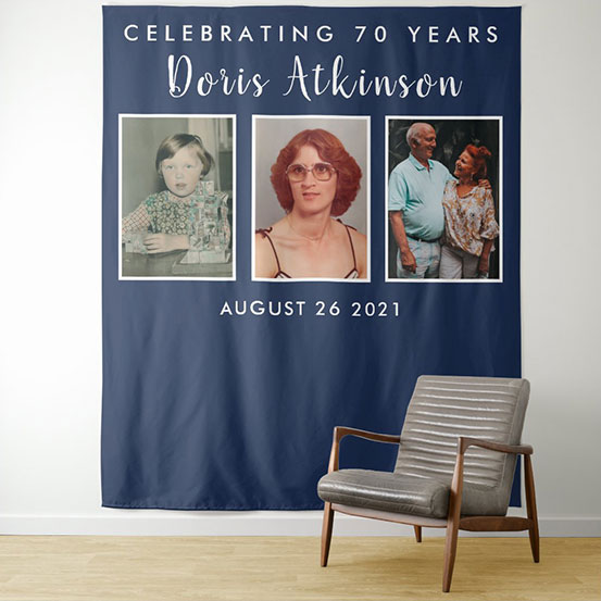 Celebrating 70 years photo backdrop showing birthday boy through the years