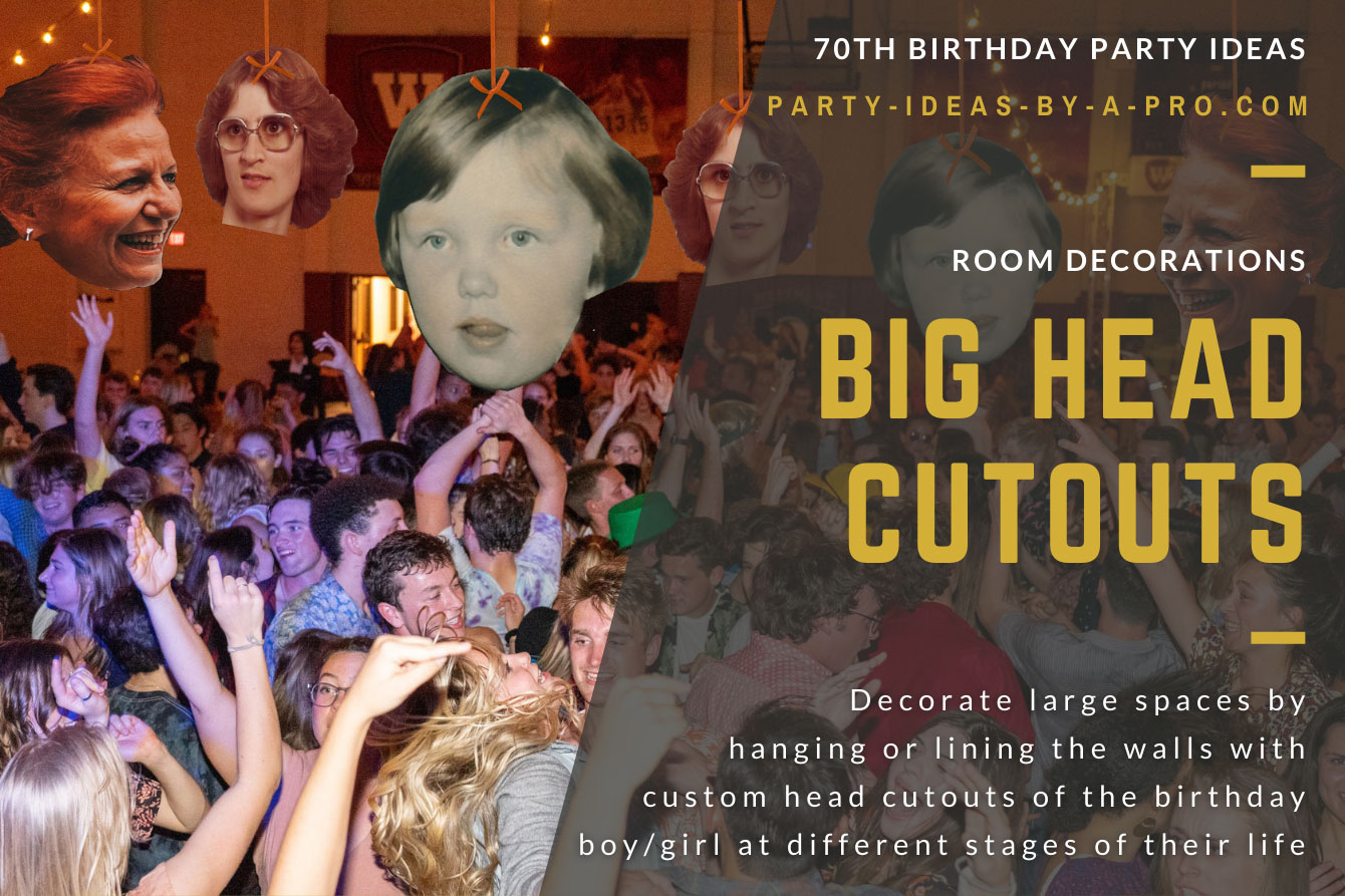 big head photo cutouts of the 70th birthday honoree as a man, boy, and baby hanging above dancefloor full of people