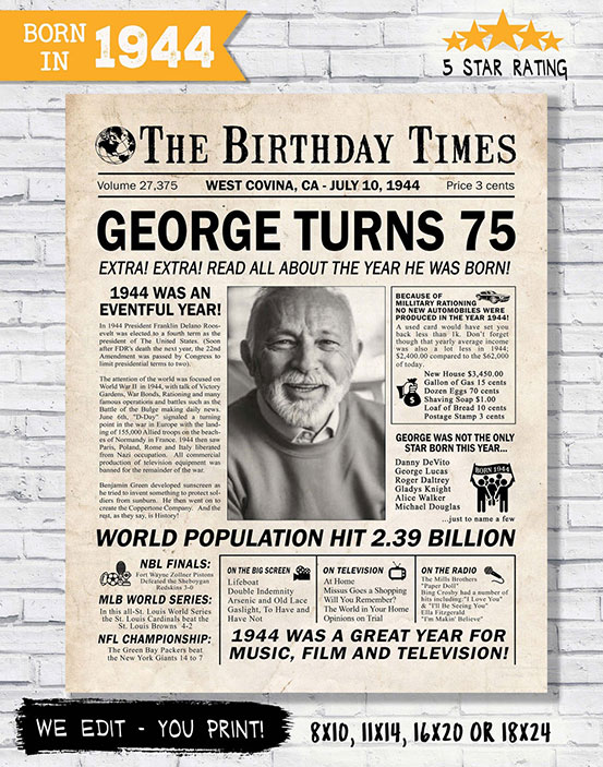 custom 75th birthday newspaper front page poster