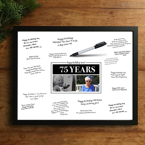 custom 75th birthday signing poster guestbook alternative with photos of birthday boy as adult and child surrounded by handwritten messages
