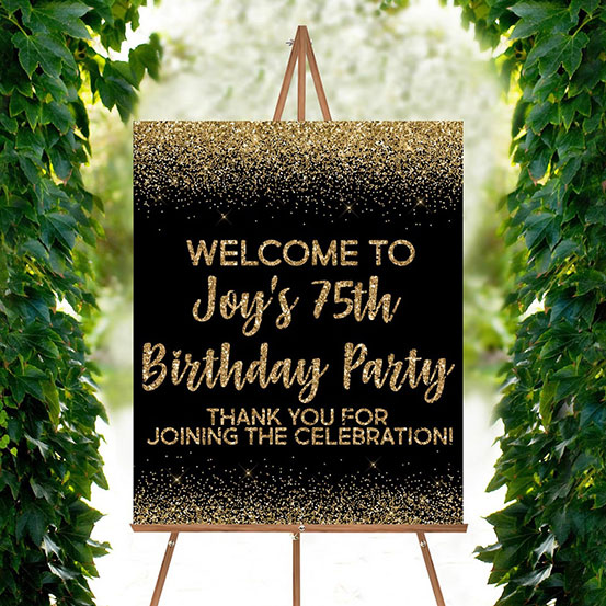 Black and gold sequin 75th Birthday custom name welcome sign on an easel