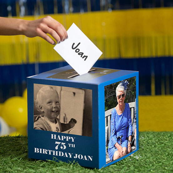 75th birthday card box printed with old photos of the birthday boy