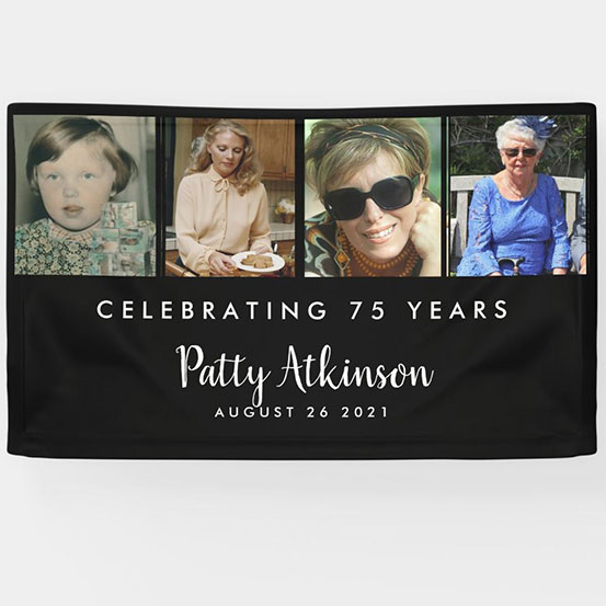 Celebrating 75 years custom photo banner showing birthday boy at 4 different stages of his life