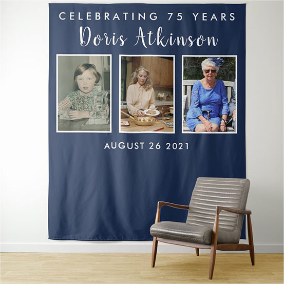 Celebrating 75 years photo backdrop showing birthday boy through the years