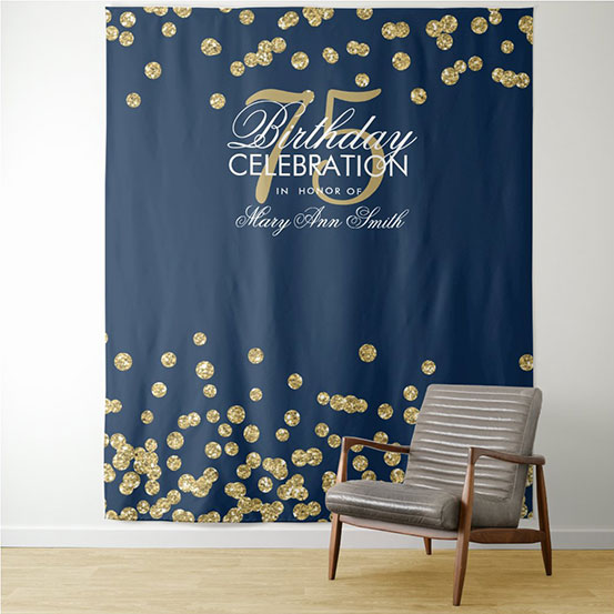 navy blue and gold sequin custom 75th birthday backdrop