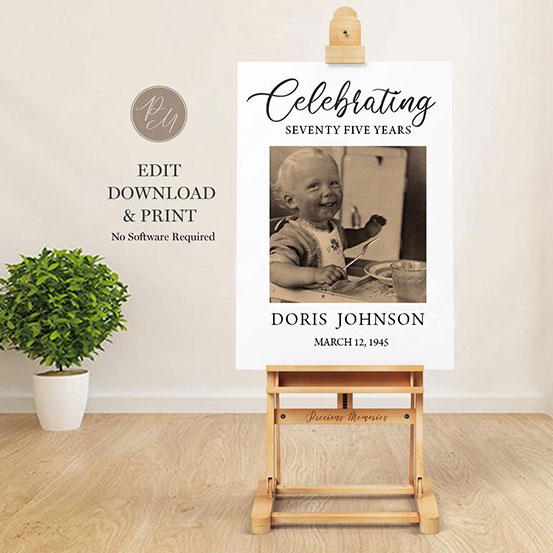 celebrating 75 years sign with photo of birthday boy as a baby displayed on an easel