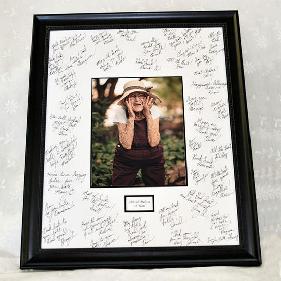 custom 80th birthday framed signing poster guestbook alternative with photo of birthday boy surrounded by handwritten messages
