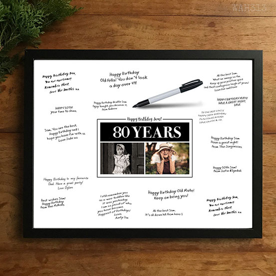 custom 80th birthday signing poster guestbook alternative with photos of birthday boy as adult and child surrounded by handwritten messages