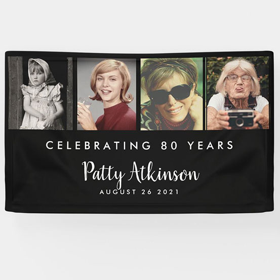 Celebrating 80 years custom photo banner showing birthday boy at 4 different stages of his life