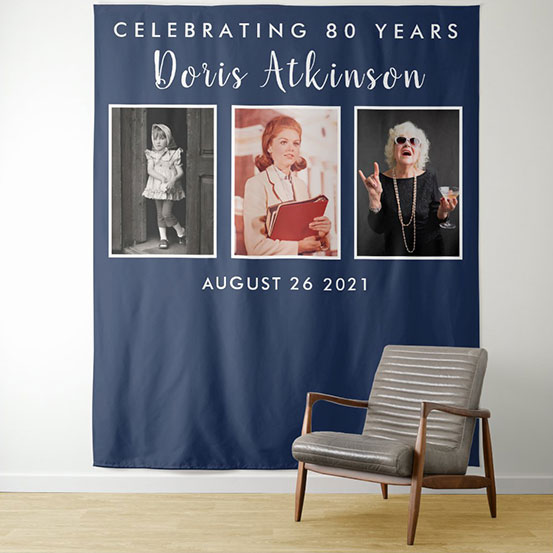 Celebrating 80 years photo backdrop showing birthday boy through the years